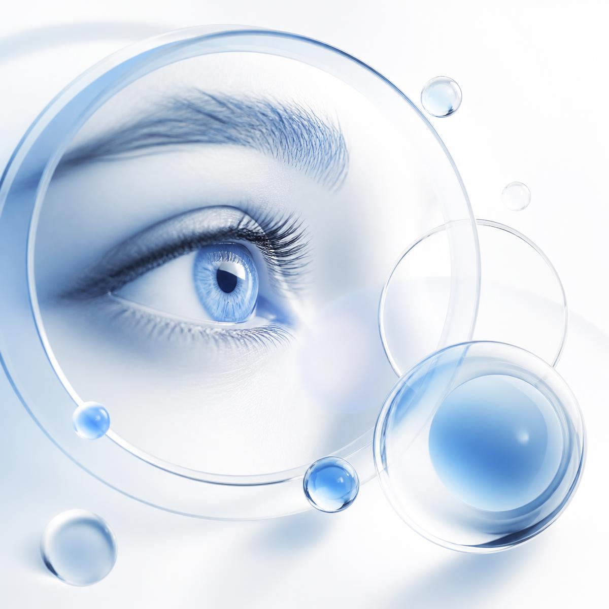 Abstract medical illustration of an eye surrounded by light blue glass forms